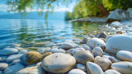 A peaceful riverbank with smooth stones, clear water, and a few overhanging trees in