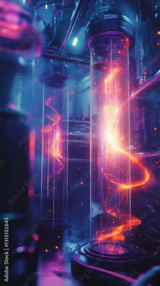 Poster this visually striking image captures colorful energy patterns swirling within futuristic laboratory