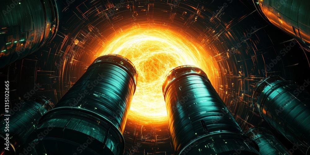 Canvas Prints a captivating view of a futuristic energy source, featuring metallic cylinders converging towards a 