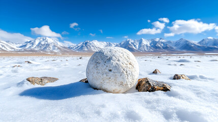 Snowball on snowy field, mountains afar under blue sky, sunny