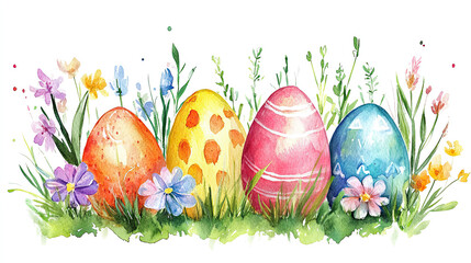 Vibrant Easter eggs and flowers illustration in watercolor, ideal for holiday and spring decor. Artistic and colorful design