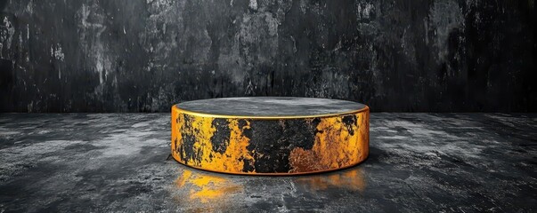 Circular pedestal with textured surface against dark backdrop