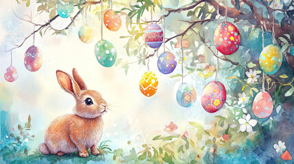 A charming scene depicting a cute rabbit encircled by Easter eggs in vibrant colors suspended from a tree, embodying the spirit of spring and festive celebration.