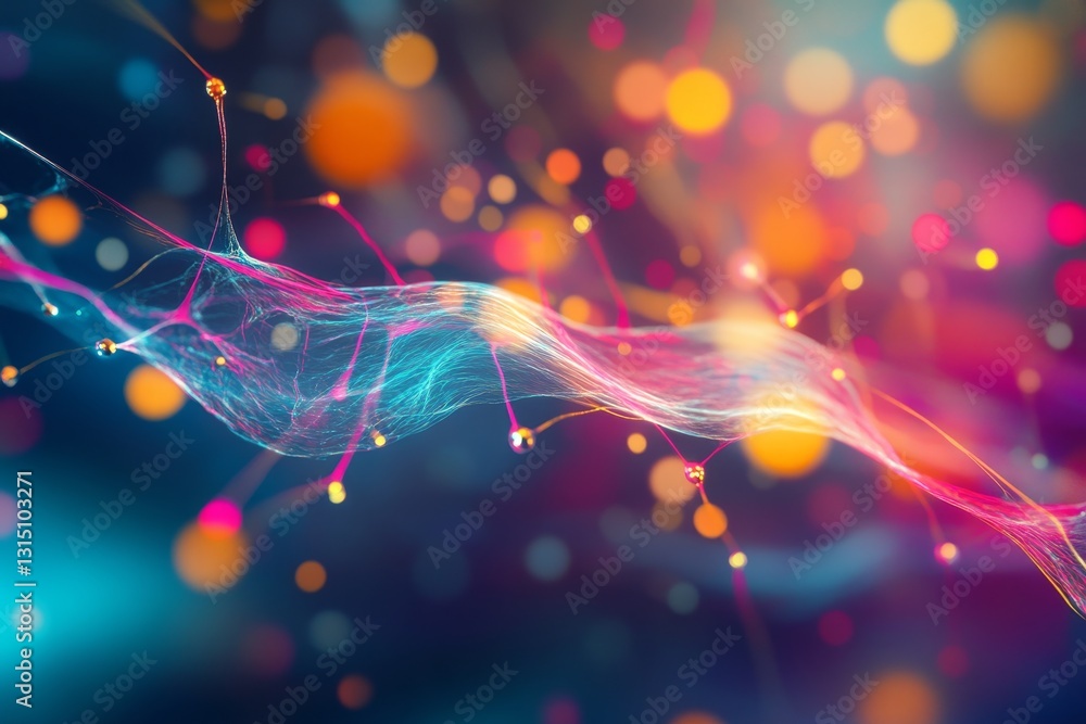 Poster a colorful, abstract image of a wave with many dots and lines