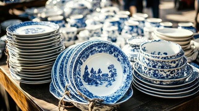 Vintage Blue White Porcelain Tableware Displayed on Table