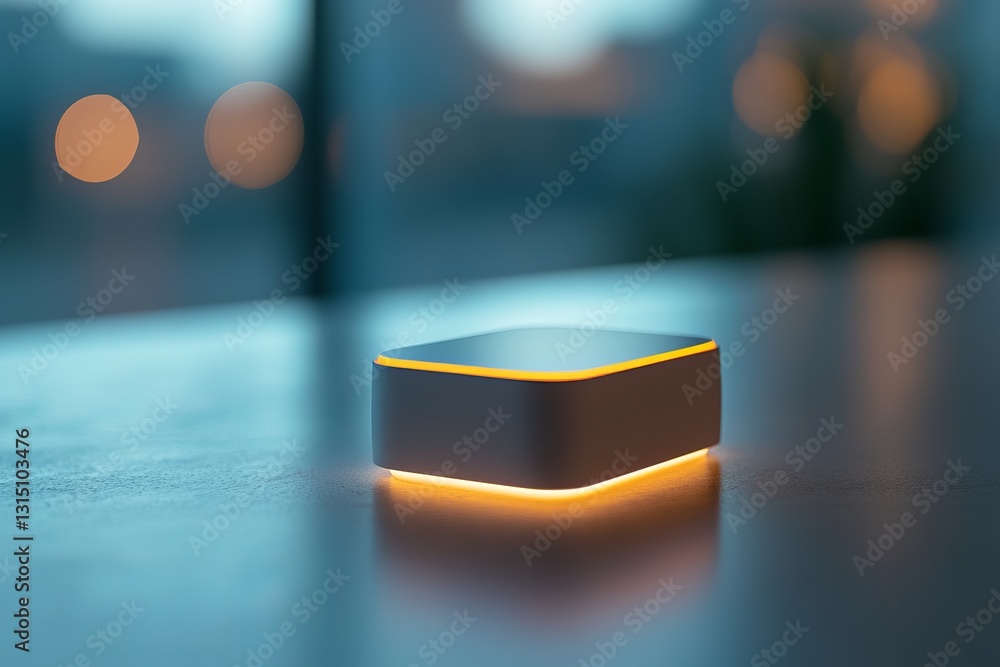 Poster a sleek, illuminated iot sensor device rests on a surface, symbolizing modern technology integration