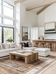 Modern white living room with natural wood accents and high ceilings