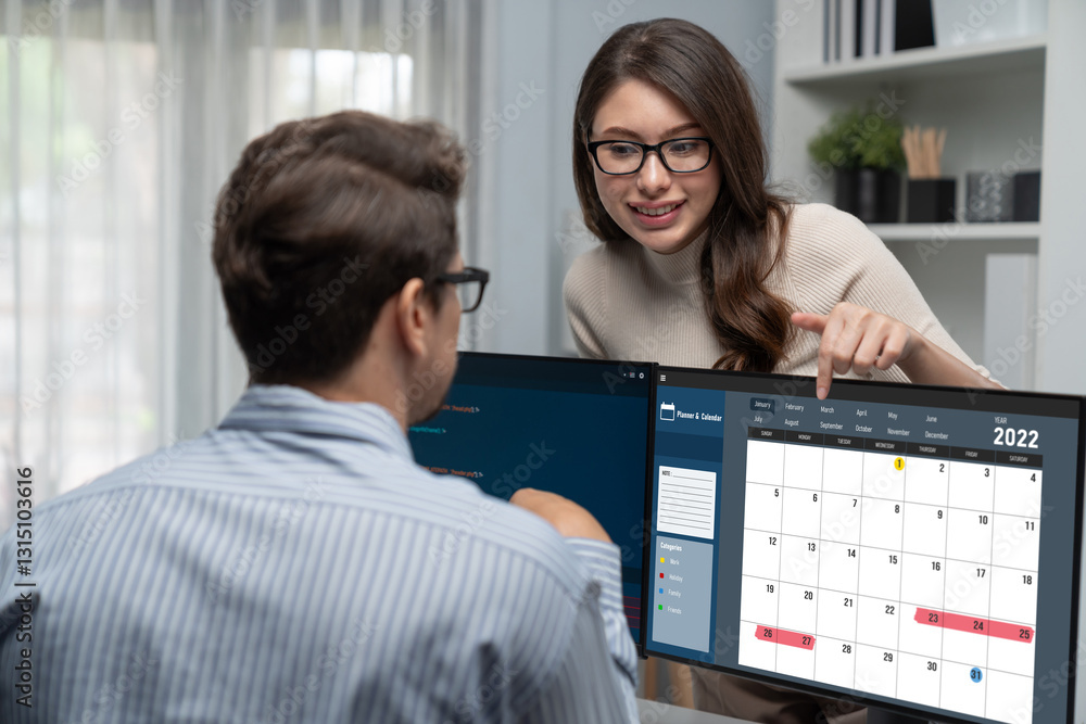 Poster calendar on computer software application for brisk schedule planning for personal organizer and onl