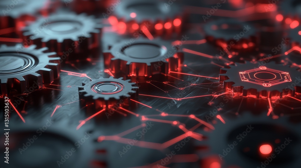Poster a stunning close-up view of intricate red gears interconnected with circuit designs, showcasing a bl