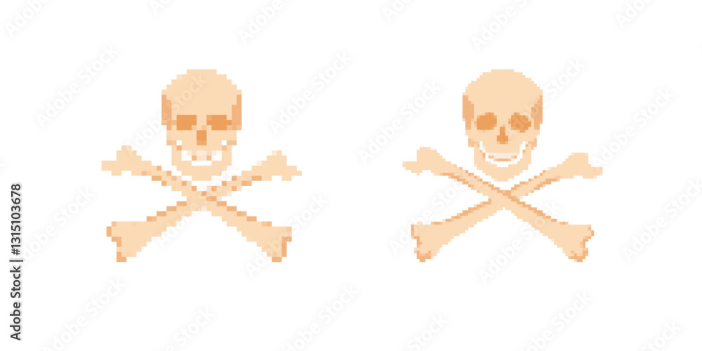 Poster pixelated skull and crossbones icon in two styles; ideal for use in digital design projects.