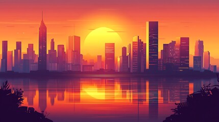 Obraz premium Sunset cityscape skyline reflected in water