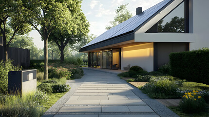 Modern Minimalist House Exterior With Landscaped Garden Concrete Pathway and Lush Greenery in Evening Sunlight