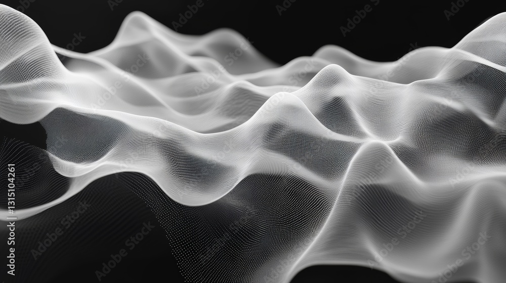 Poster this abstract image features flowing white waves against a deep black background, creating a mesmeri