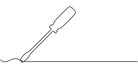 Continuous one line drawing of screwdriver icon in silhouette on a white background. Linear stylized, Vector continuous one single line drawing icon of screwdriver in silhouette on a white background.