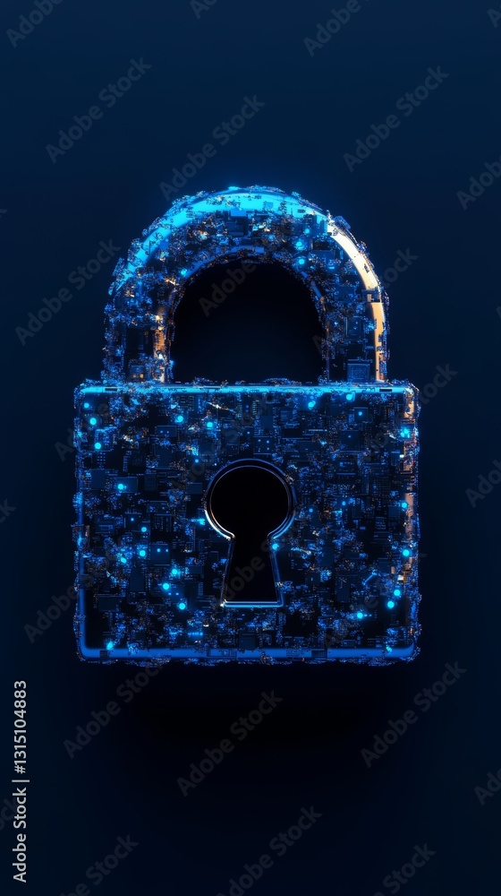 Poster a futuristic digital lock design featuring a glowing blue circuit pattern, symbolizing data security