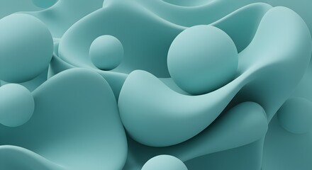 Elegant 3D rendering of spheres and abstract shapes in a soft teal hue