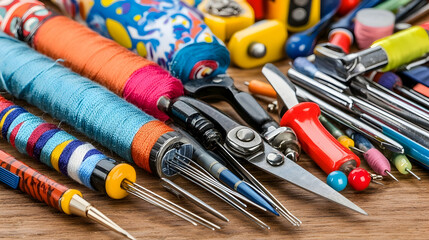 Obraz premium Colorful artisan crafting tools and threads on wood. Perfect for DIY, hobby, or craft projects