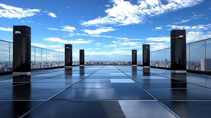 Rooftop walkway with city view, modern design