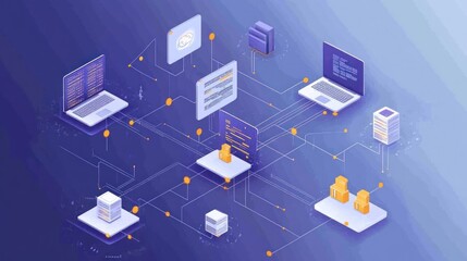 Networked computers, servers, and data files in isometric view.