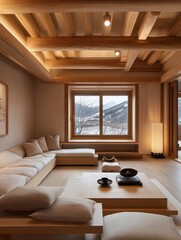 Warm and inviting living room with natural wood ceiling beams