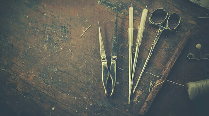 Antique surgical instruments on a wooden table, vintage feel, potential use for medical history or antique themes