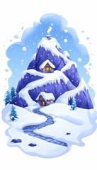 Snowy mountain scene with cabins, winding path, and evergreen trees