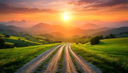 Fototapeta premium sunset in the mountains, Serene Sunset Landscape With Winding Dirt Road And Mountains
