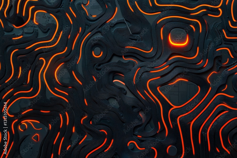 Poster a black and orange abstract design with a glowing orange spot. the design is made up of lines and sh