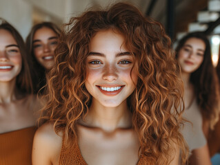 Happy Group Selfie with Smiling Friends and Curly-Haired Woman