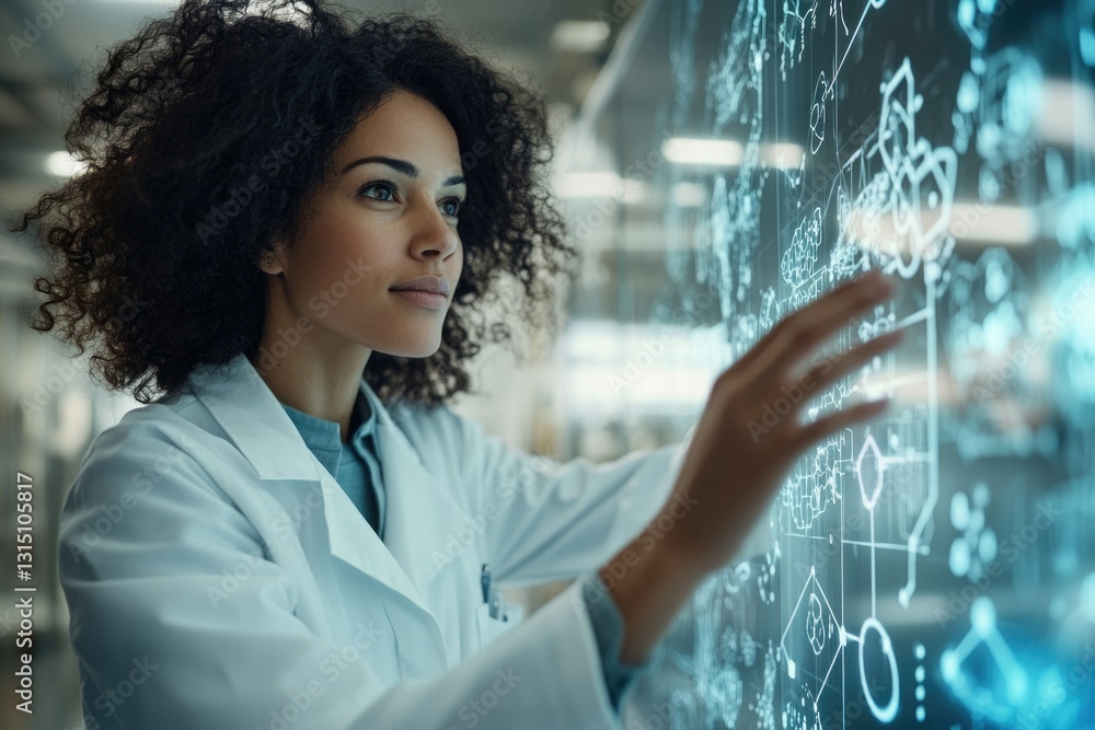 Poster a female scientist interacts with a holographic display showing complex data and scientific formulas