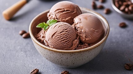 Delicious chocolate coffee ice cream sphere served in a bowl with a scoop for enjoyment