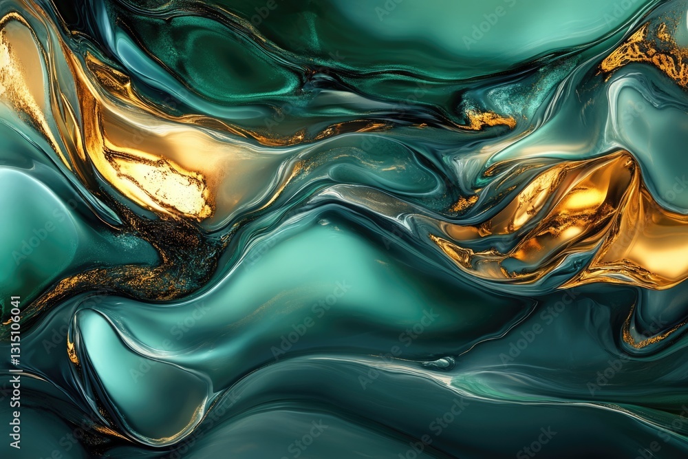 Poster abstract art depicting swirling emerald green and gold, creating a luxurious and fluid design.