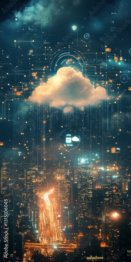 Poster a visually striking representation of a cloud over an illuminated city, symbolizing the fusion of te