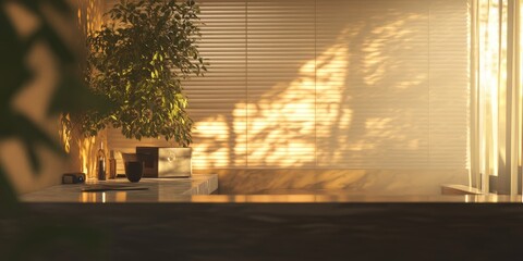 Fototapeta premium A serene interior space illuminated by warm morning light, showcasing soft shadows and natural elements for a calming ambiance perfect for relaxation and inspiration.