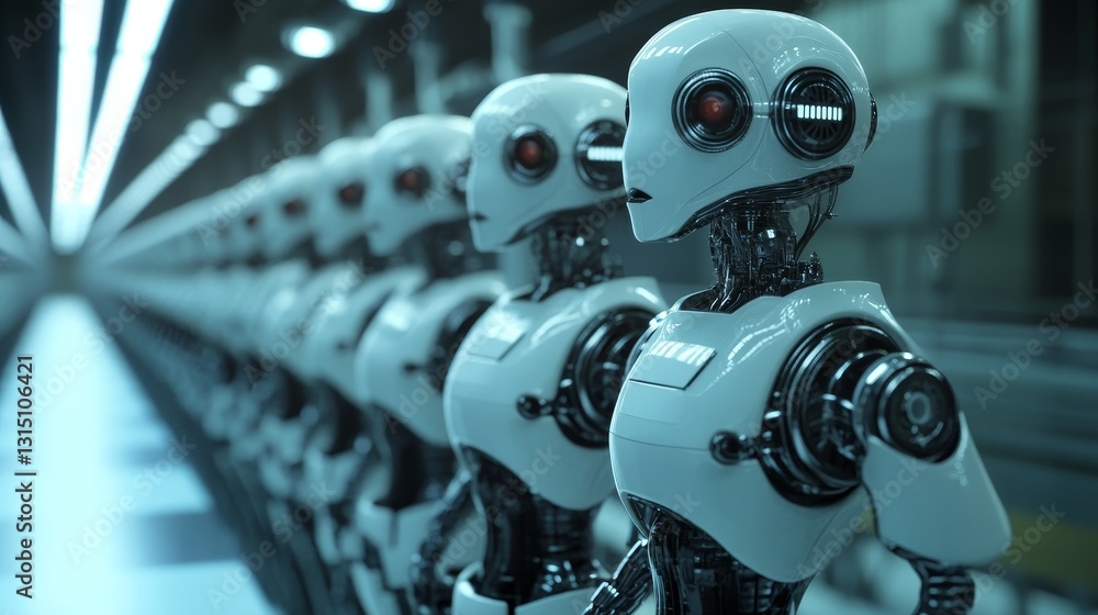 Poster a series of futuristic robots stand in a high-tech factory setting, showcasing advanced technology a