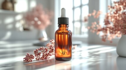 Amber glass dropper bottle with pink flowers on a white surface by a window