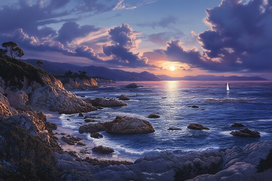 A serene coastal sunset with rocky shores and a distant sailboat.