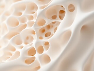 A highly detailed 3D-rendered visualization of a soft, porous biological structure in warm beige and cream tones. 