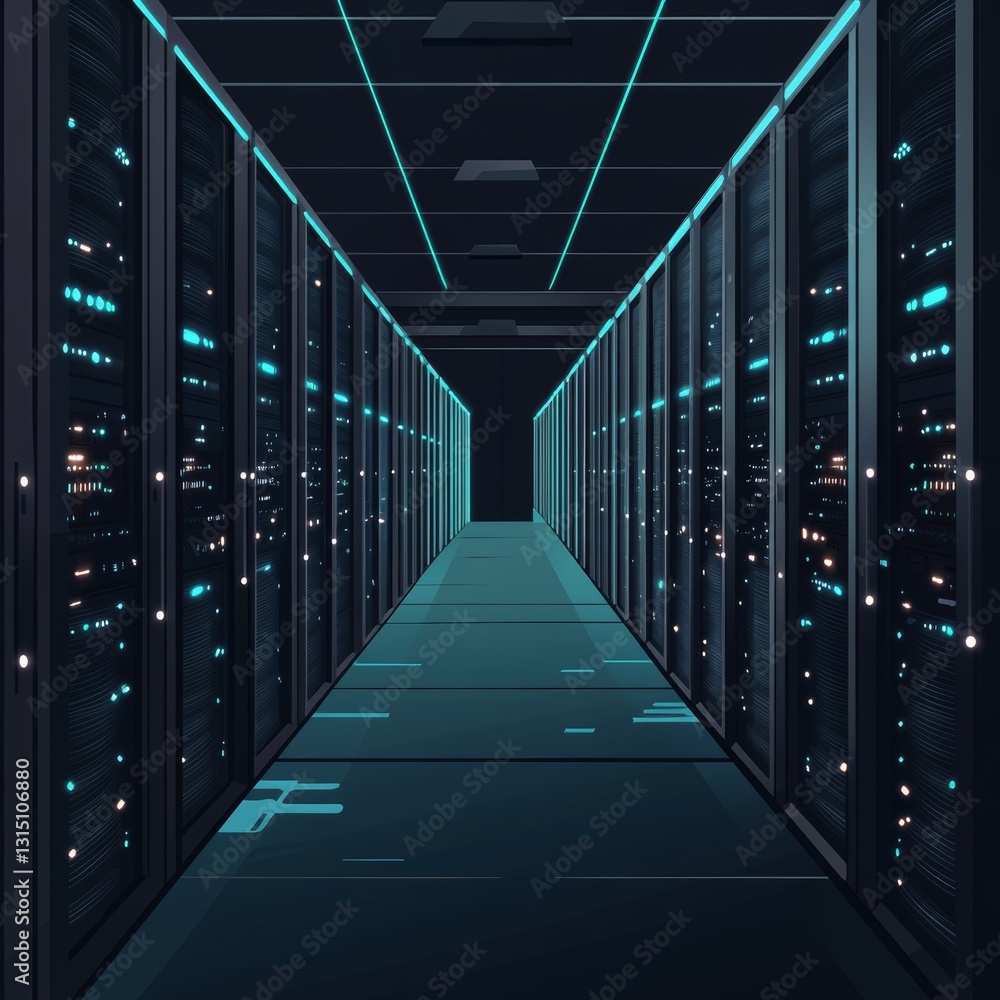 Aufkleber a stunning view of a futuristic data center corridor featuring aligned server racks, illuminated wit