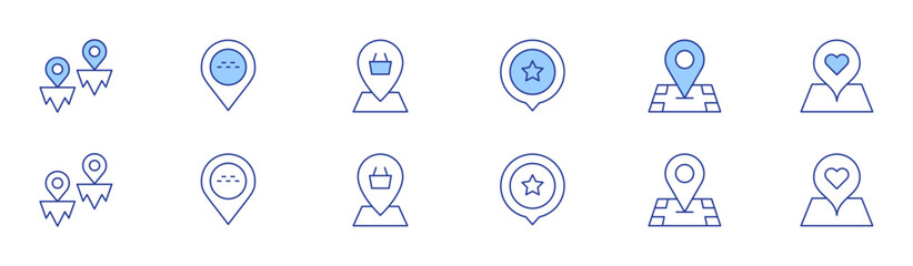 Location icon set in two styles, Duotone and Thin Line style. Editable stroke. location pin, star, location