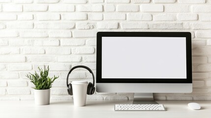Fototapeta premium Modern Workspace Computer, Headphones, Coffee and Plant against White Brick Wall , desk , office