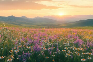 Obraz premium Vibrant wildflowers bloom in a vast field at sunset, mountains in the background creating a breathtaking landscape.