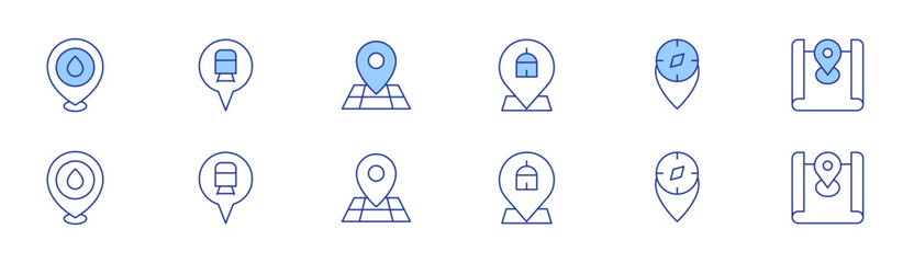 Location icon set in two styles, Duotone and Thin Line style. Editable stroke. map location, position, location