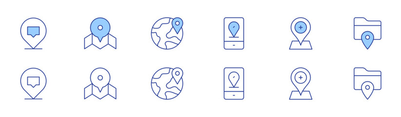 Location icon set in two styles, Duotone and Thin Line style. Editable stroke. map, earth, location, folder, location pin