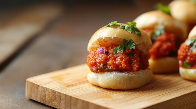 Mini Tomato and Herb Sliders on Wooden Board, Food Photography, Appetizers