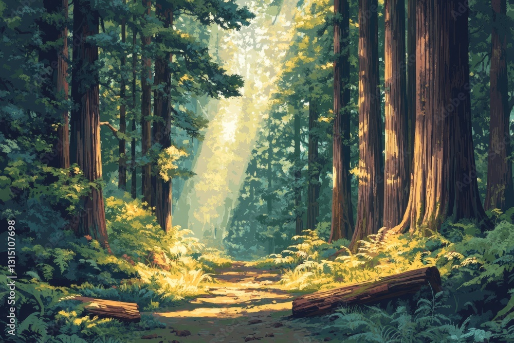 Poster sunlit path winds through a lush redwood forest, sunlight streaming through the towering trees.