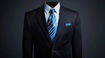 Dark Suit With Blue Striped Tie And Pocket Square Against A Grey Backdrop In A Studio Setting