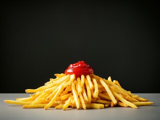 Crispy golden french fries with heinz ketchup being poured generously from a glass bottle in a bright setting
