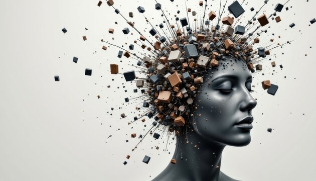 An abstract 3D rendered image of a human head portrait exploding into fragmented pieces, showcasing a unique and dynamic visual representation of chaos and disintegration.