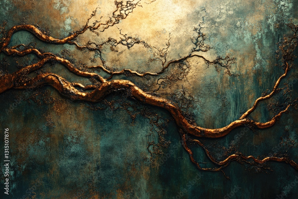 Poster golden branches of a tree artfully arranged on a textured teal and gold background.